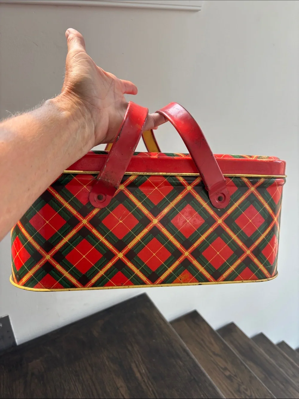 Vintage tin lithograph basket, red/green/yellow plaid, handles